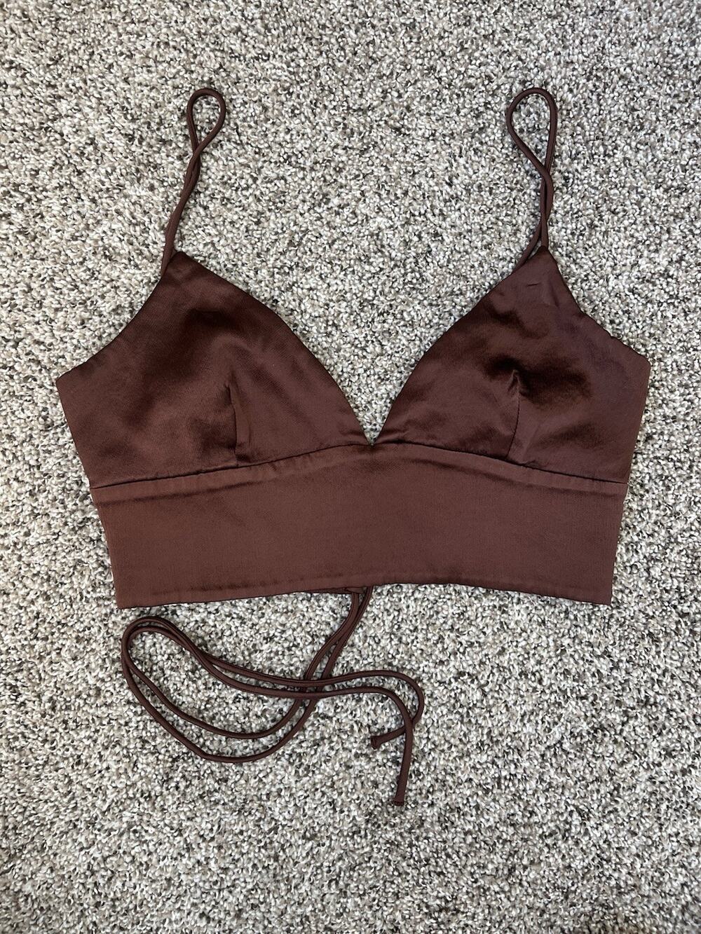 Zara Brown Satin Crop Top Womens S Lace Up Tie Back Spaghetti Strap Y2K